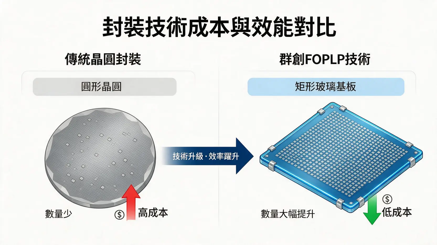 群創光電股票值得買嗎?2026財報、AI玻璃基板與轉型前景 3 傳統圓形晶圓封裝與群創FOPLP矩形面板級封裝的效率與成本對比圖。