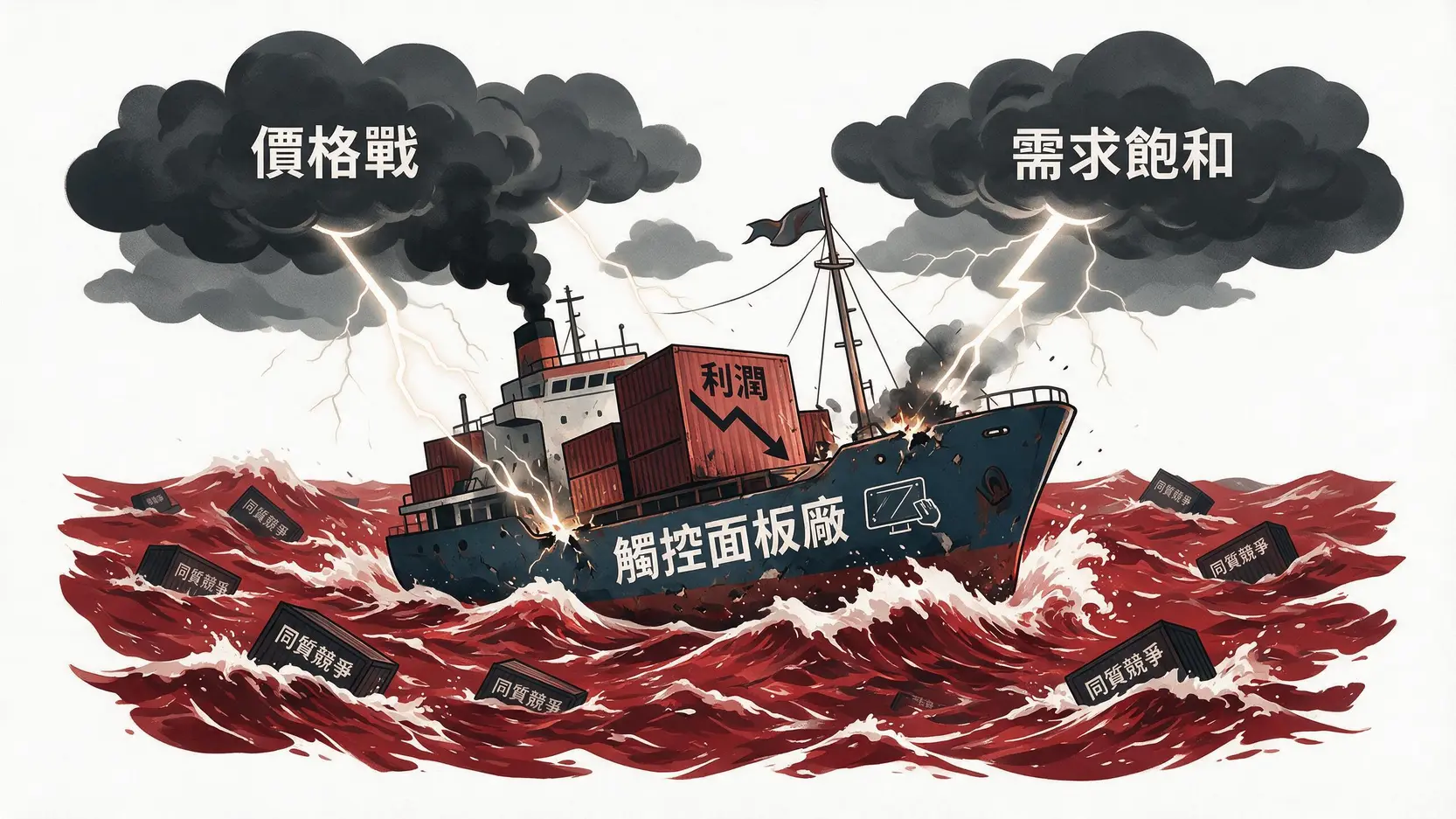 精金科技股價值得買嗎?2026南科廠停產、資產活化與轉型前景 2 觸控面板產業面臨價格戰與需求飽和的紅海困境示意圖。