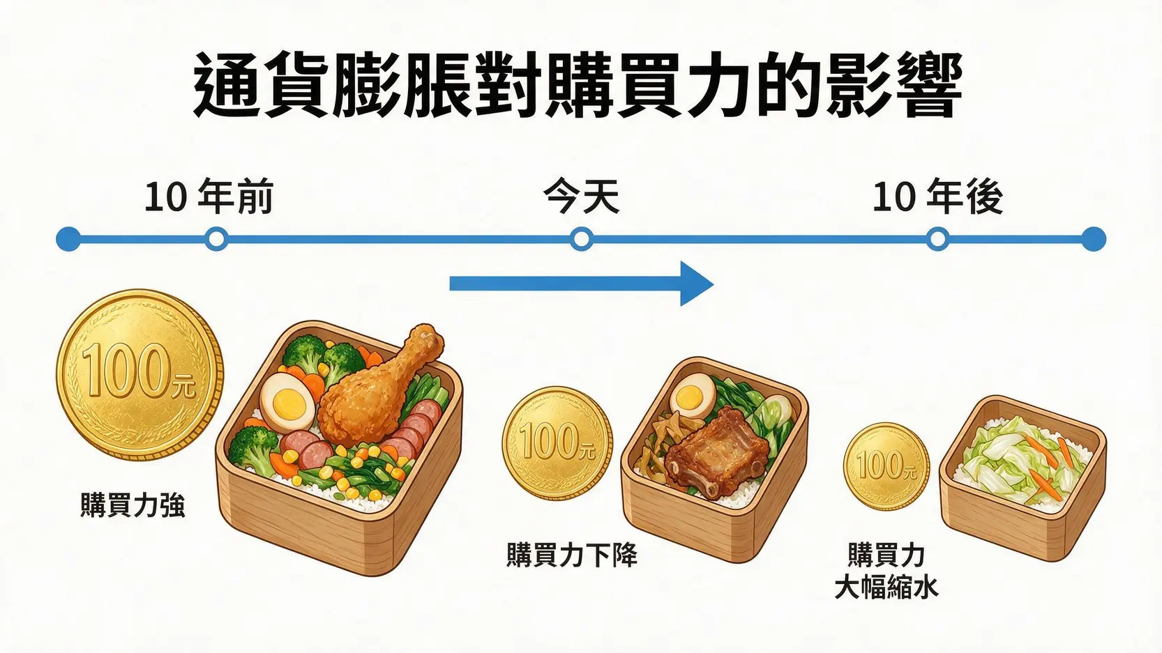 為什麼要投資?2026對抗通膨、累積財富與新手入門指南 2 一張圖表演示通貨膨脹如何隨著時間降低貨幣購買力,以100元能買到的便當內容物愈來愈少為例。