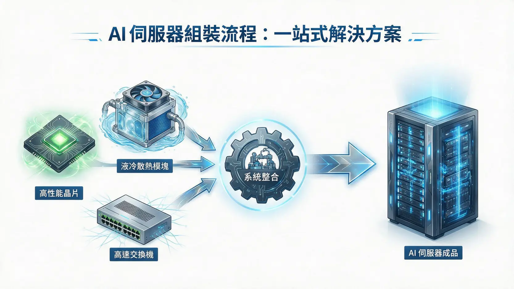 鴻海股價還能買嗎?2026 AI伺服器動能、法人目標價與威盛比較 2 鴻海AI伺服器一站式解決方案概念圖,展示從晶片、液冷散熱到系統整合的完整流程。