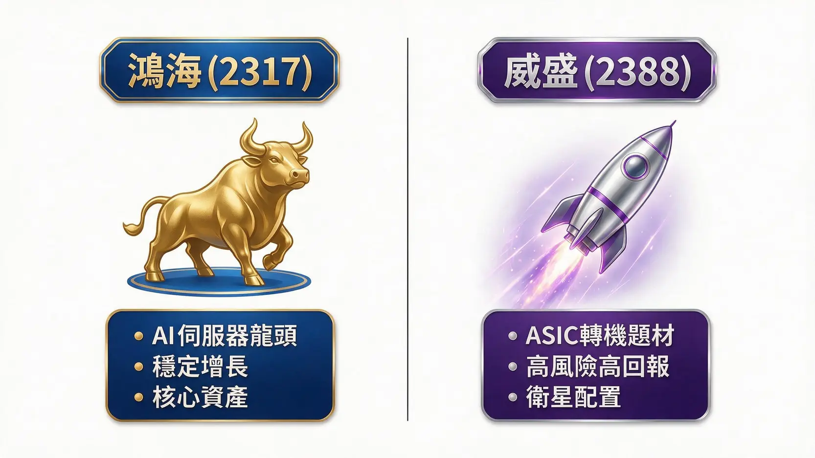 鴻海股價還能買嗎?2026 AI伺服器動能、法人目標價與威盛比較 3 鴻海與威盛的投資屬性對比圖,鴻海代表穩定核心資產,威盛代表高風險衛星配置。