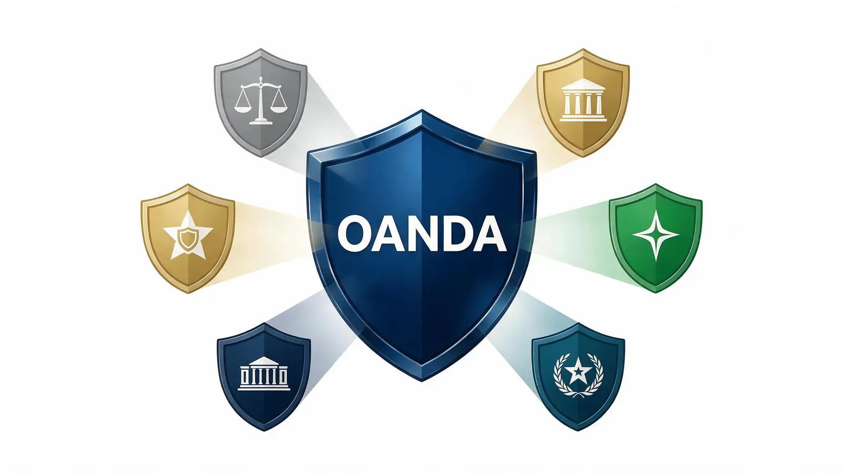 OANDA評價:是詐騙疑慮或頂級平台?2026年安全性、開戶與交易成本深度解析 2 OANDA受全球多個頂級金融機構監管的安全示意圖,展示其多重牌照保護。