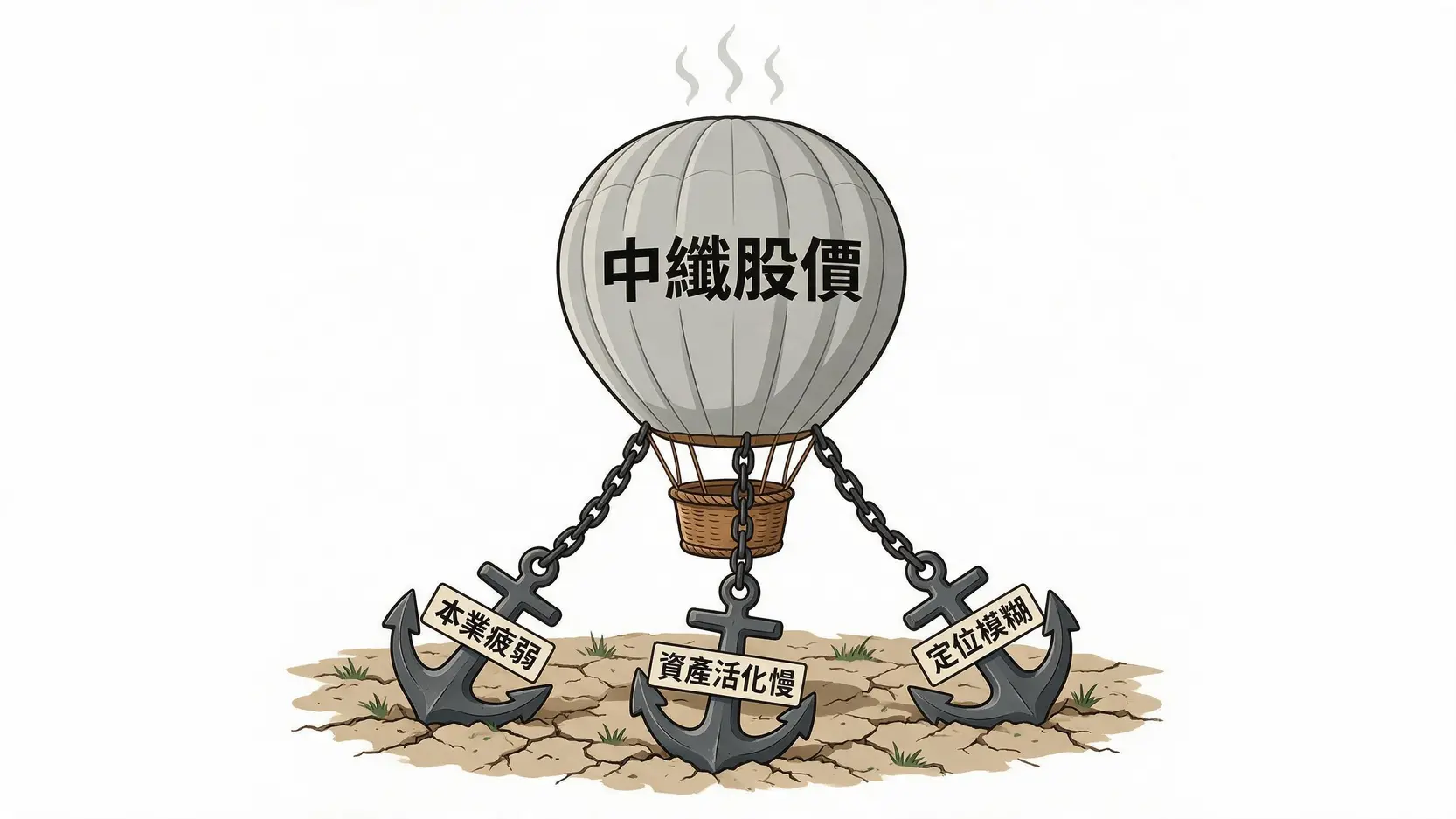 中纖股價為什麼不會漲?本業困境、資產活化與AI轉型解析 2 一張圖表解釋中纖股價為何不漲的三大原因:本業疲弱、資產活化慢、定位模糊。