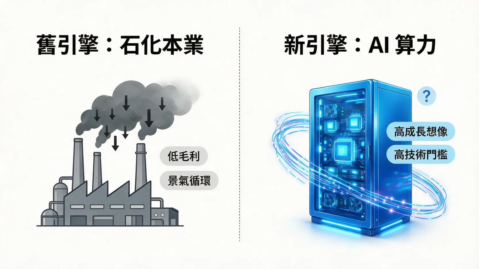 中纖股價為什麼不會漲?本業困境、資產活化與AI轉型解析 3 一張對比圖,比較中纖的舊石化業務與新的AI算力業務的特點。