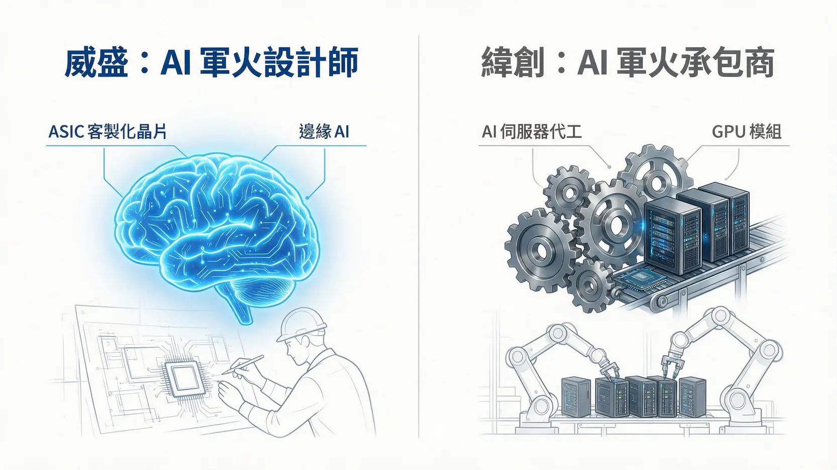 威盛目標價vs.緯創未來股價:2026年AI伺服器雙雄,誰的成長潛力更大? 2 威盛與緯創在AI產業鏈中的角色對比圖,威盛是IC設計師,緯創是伺服器代工廠。