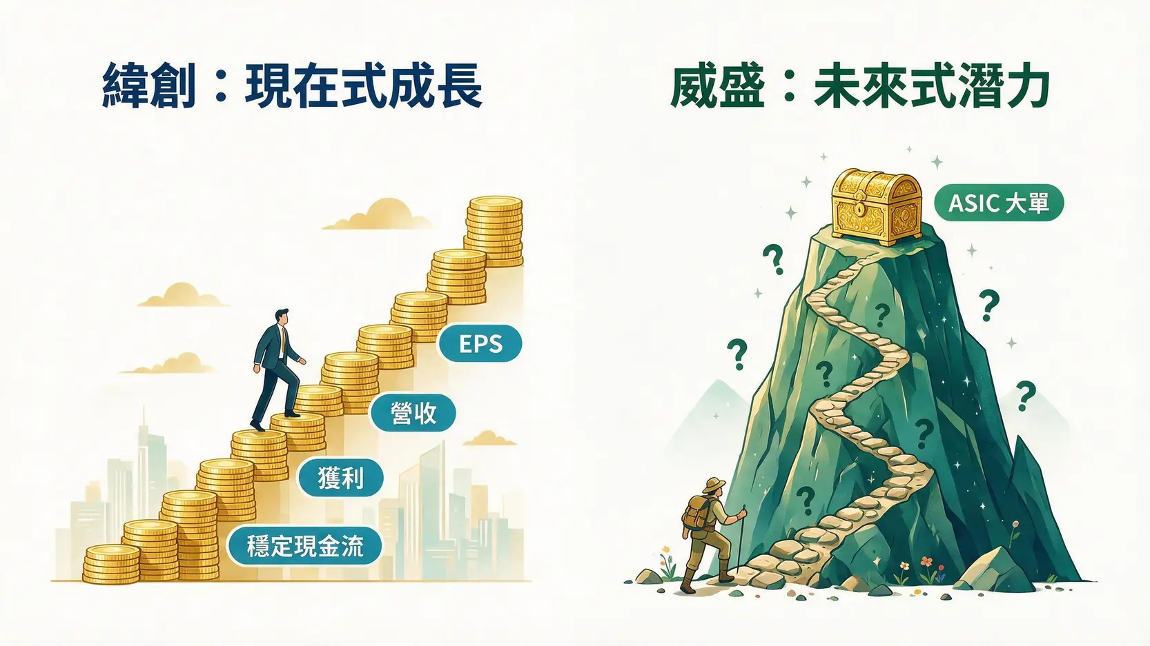 威盛目標價vs.緯創未來股價:2026年AI伺服器雙雄,誰的成長潛力更大? 3 緯創的現在式EPS成長與威盛的未來式ASIC潛力對比圖
