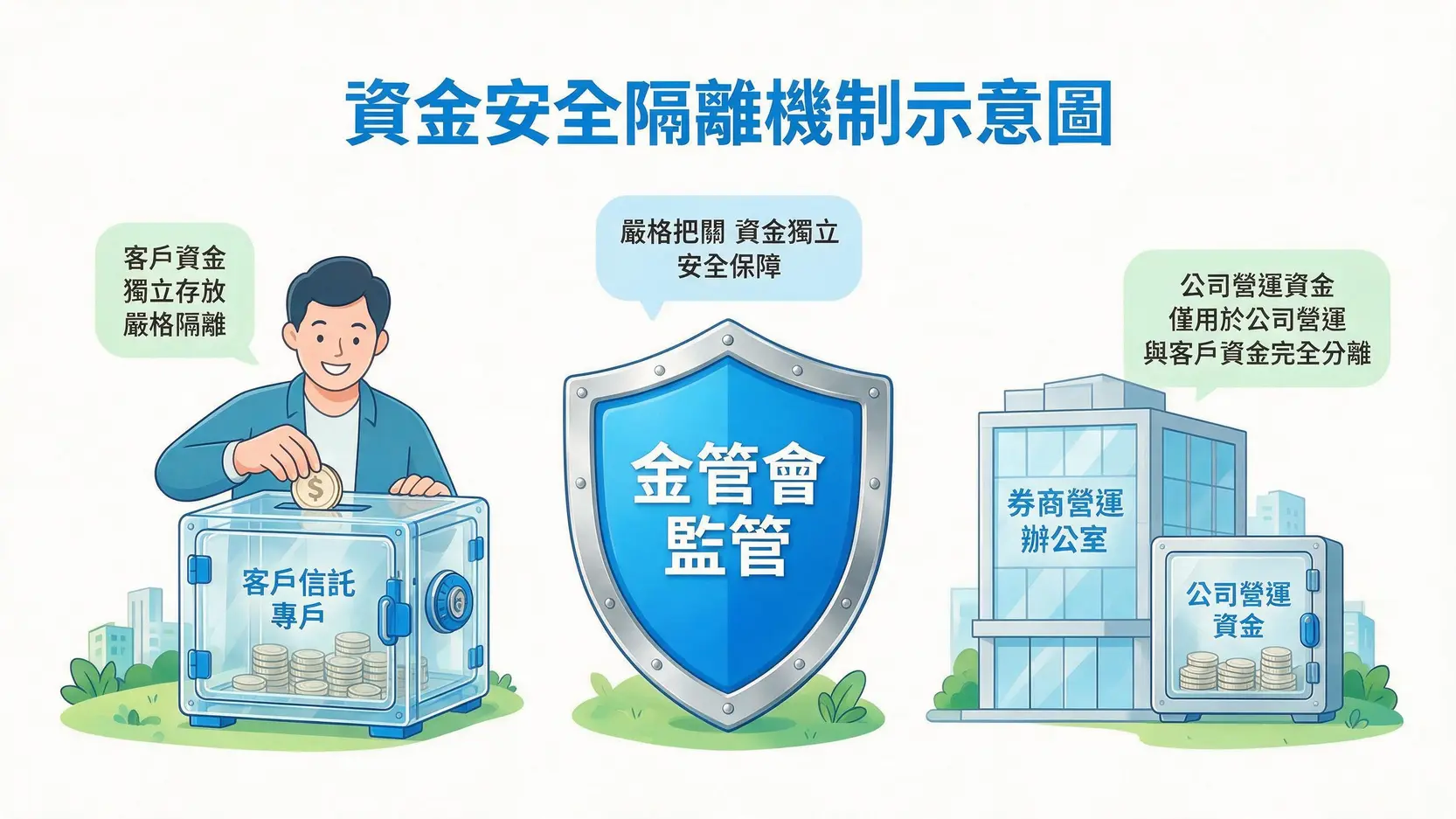 台灣合法外匯券商怎麼選?金管會認證與海外平台優缺點總比較 2 一張圖說明金管會監管下的資金安全機制,顯示客戶資金與券商資金被分開存放。
