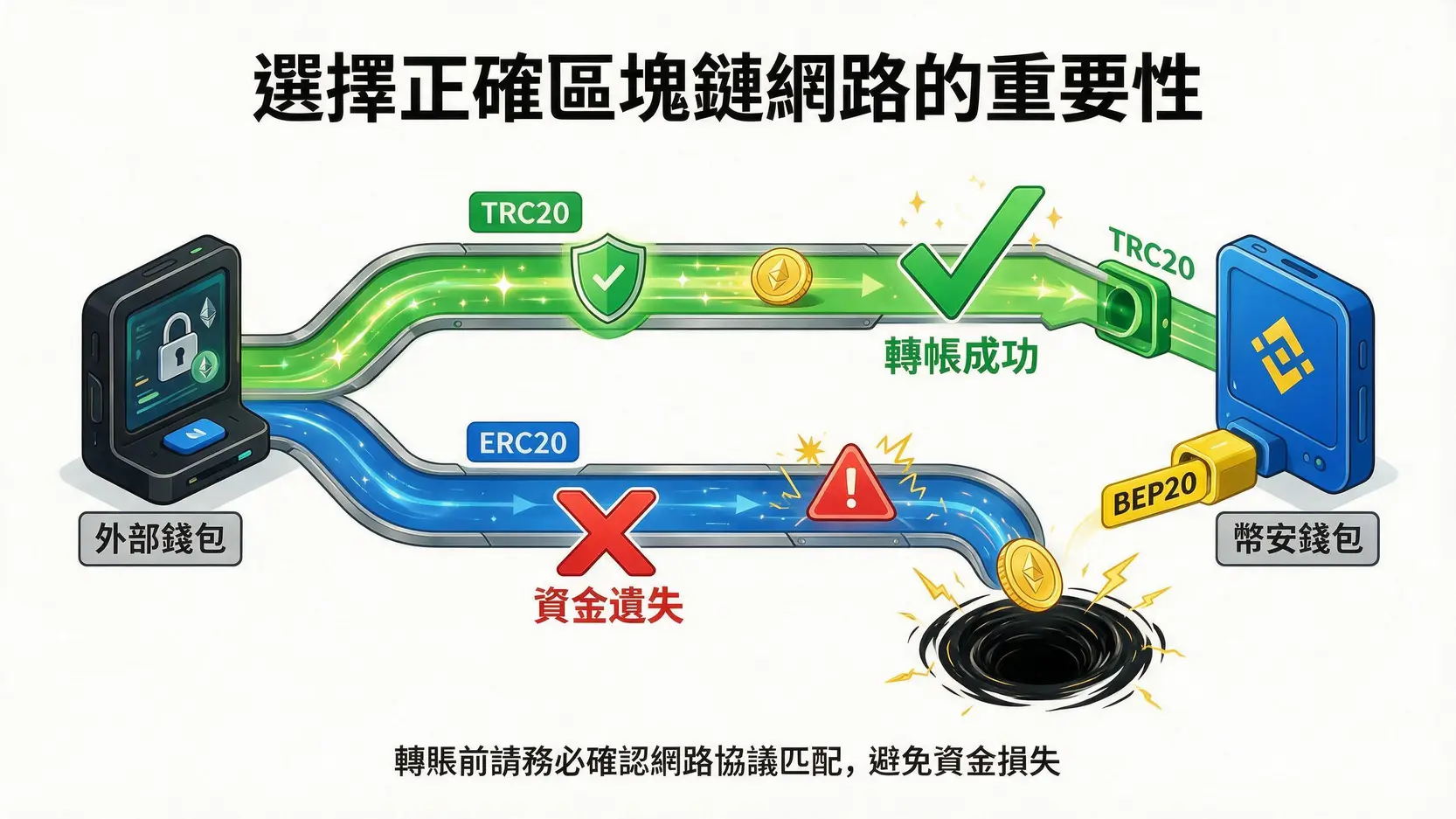幣安怎麼儲值?2026新手必看!最詳盡的台幣入金與加密貨幣儲值指南 3 區塊鏈轉帳網路選擇示意圖,顯示選擇正確網路資金成功到帳,而選擇錯誤網路則可能導致資金遺失。