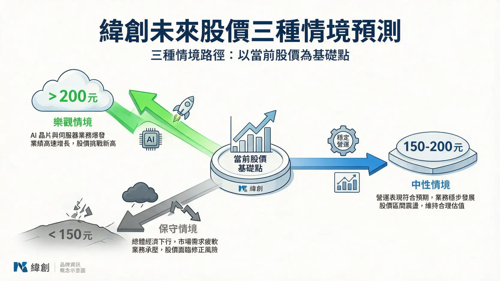 【緯創股價展望】法人目標價上看200元?AI伺服器訂單是關鍵! 2 緯創未來股價三種情境分析圖,分別展示了法人預測的樂觀、中性和保守目標價區間。