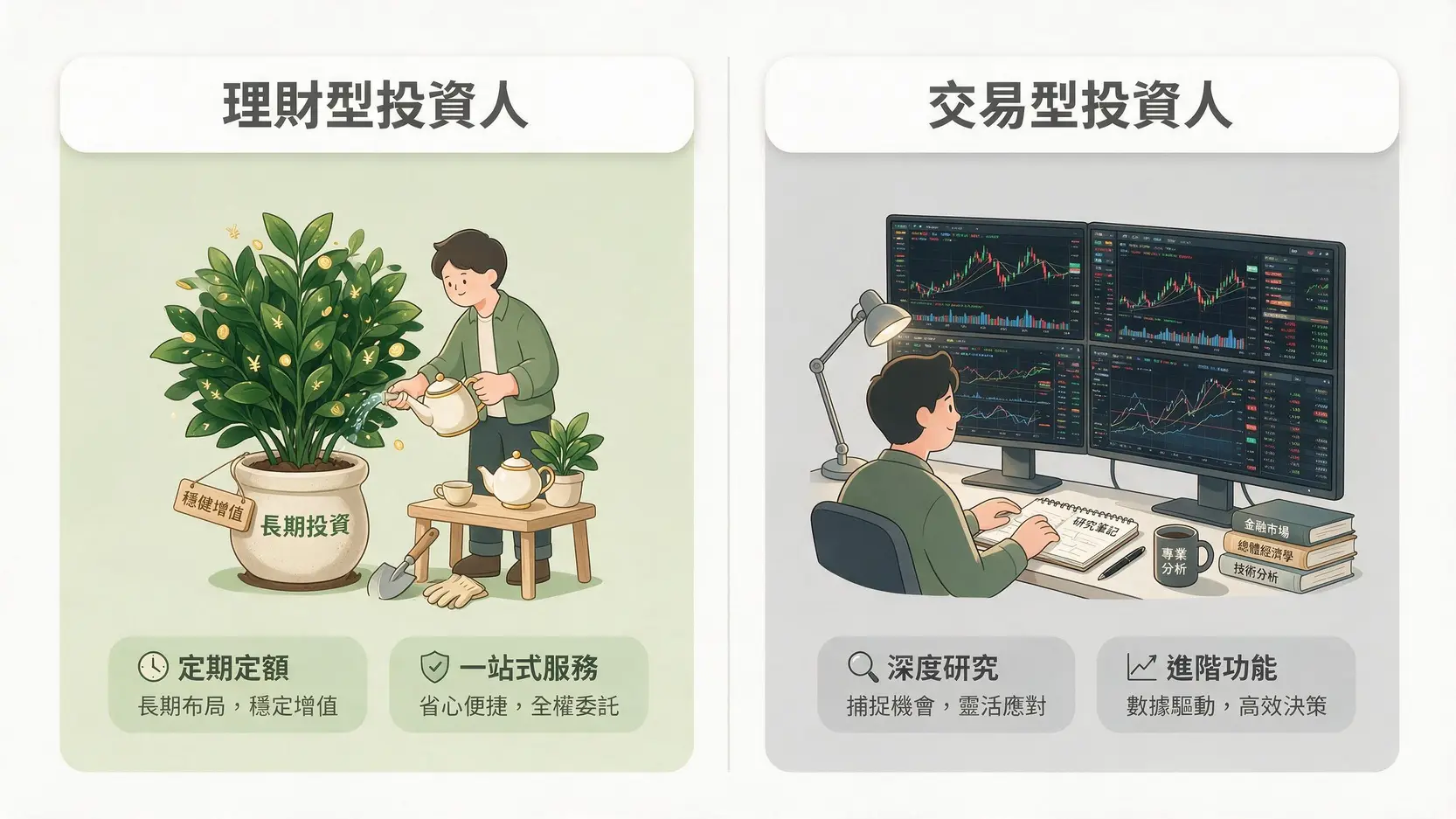【2026證券App推薦】新手必看!5大券商App功能、手續費、開戶優惠總評比 3 理財型投資人與交易型投資人的對比圖,顯示兩者在投資風格與App需求上的差異。