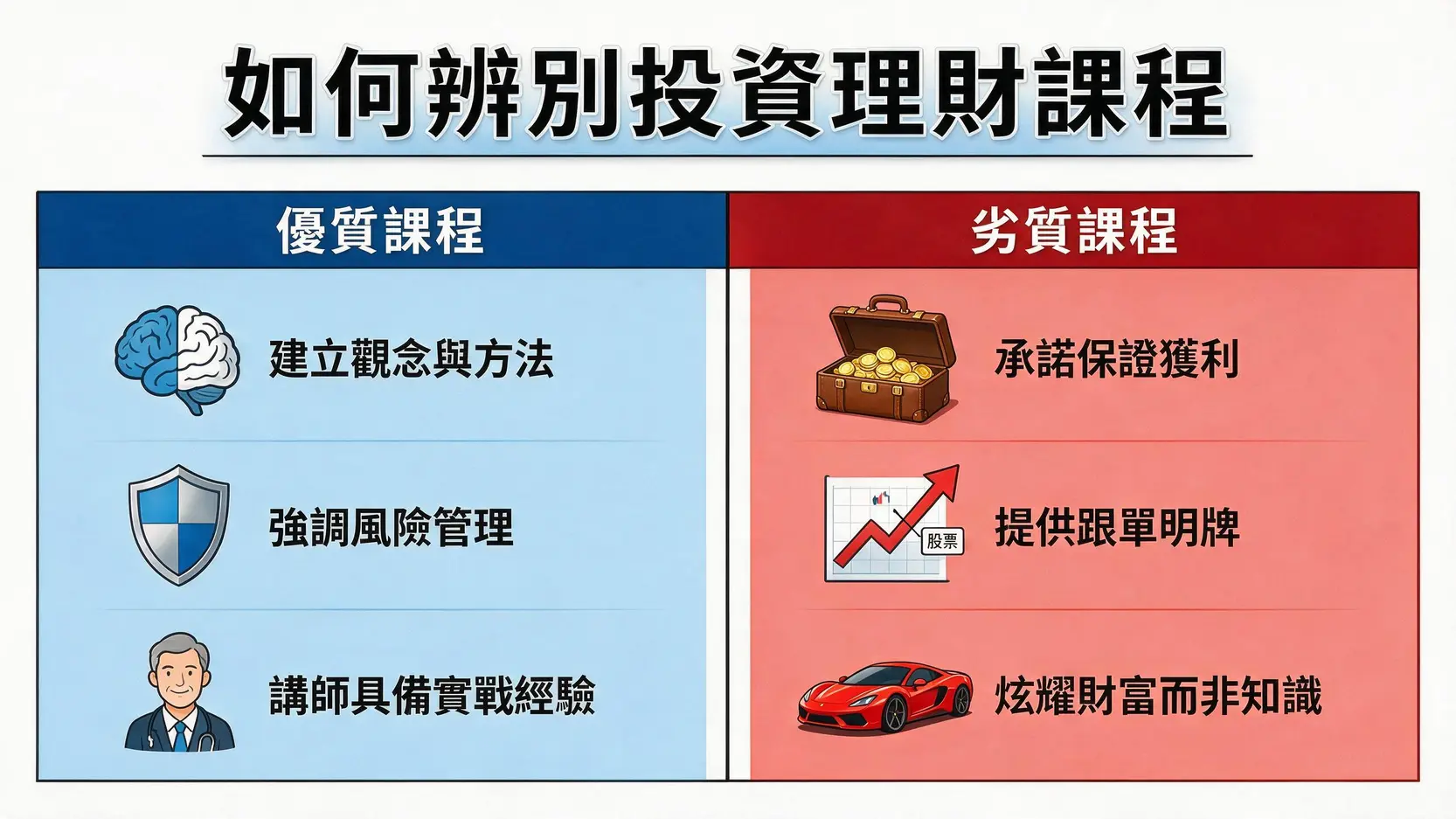 【2026投資理財課程推薦】從免費到付費,10堂新手入門到進階的線上線下課程盤點 2 一張對比圖,說明如何分辨優質與劣質的投資理財課程,左邊是優質課程特徵如建立觀念,右邊是劣質課程特徵如保證獲利。