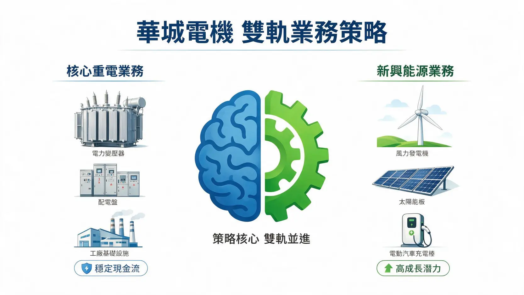 華城電機(1519)股票可以買嗎?2026最完整分析:股價、配息、未來題材 2 華城電機的雙軌業務策略示意圖,左側為穩定的核心重電業務,右側為高成長的新興能源業務。