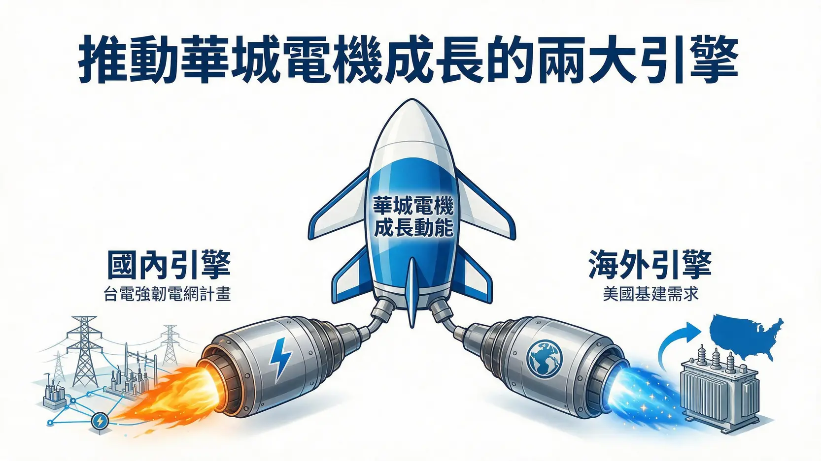 華城電機(1519)股票可以買嗎?2026最完整分析:股價、配息、未來題材 3 華城電機股價成長的雙引擎示意圖,包含國內的台電強韌電網計畫與海外的美國基建需求。