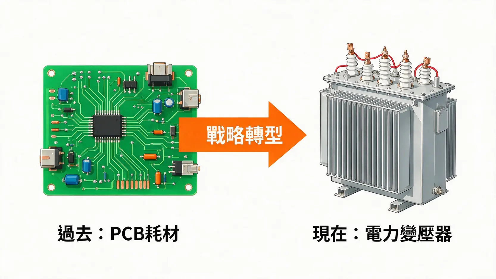 合正(5381)做什麼?從PCB到重電巨頭,一文看懂「光譜」的華麗轉身 2 合正從PCB耗材轉型為光譜科技的電力變壓器業務示意圖