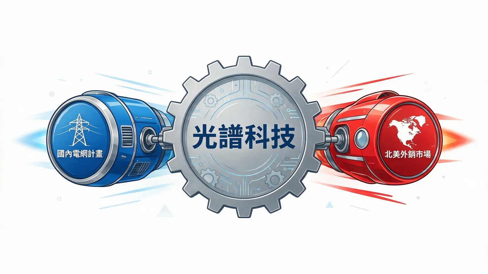 合正(5381)做什麼?從PCB到重電巨頭,一文看懂「光譜」的華麗轉身 3 光譜科技的雙成長引擎示意圖,分別為國內電網計畫與北美外銷市場。