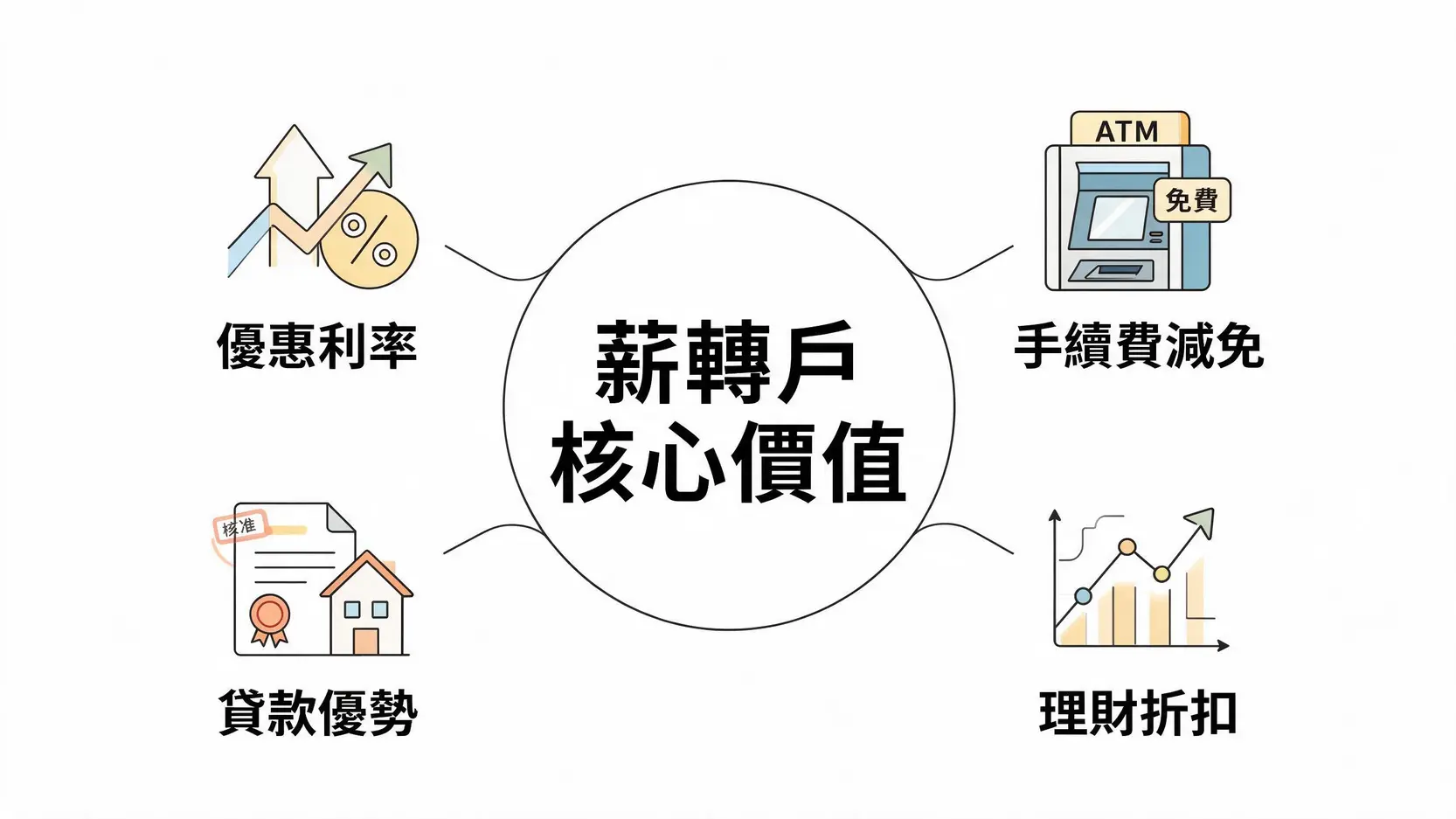 薪轉戶是什麼?2026各家銀行「薪資轉帳」優惠全攻略,一篇看懂利率、手續費、貸款福利! 3 薪轉戶的四大核心優惠圖示,包含優惠利率、手續費減免、貸款優勢與理財折扣。