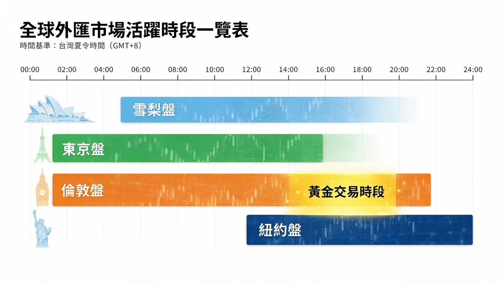 外匯保證金交易時間全攻略:全球開盤、黃金時段與週末風險 3 全球外匯市場開盤時間與重疊時段對照圖(台灣時間 GMT+8),特別標示出倫敦與紐約市場重疊的黃金交易時段。