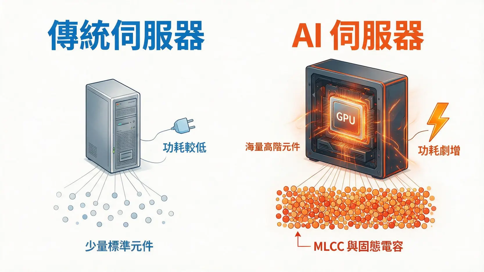 日電貿(3090)是做什麼的?一篇看懂業務、AI題材與2026股價展望 3 對比傳統伺服器與AI伺服器在被動元件數量與規格上的差異圖。