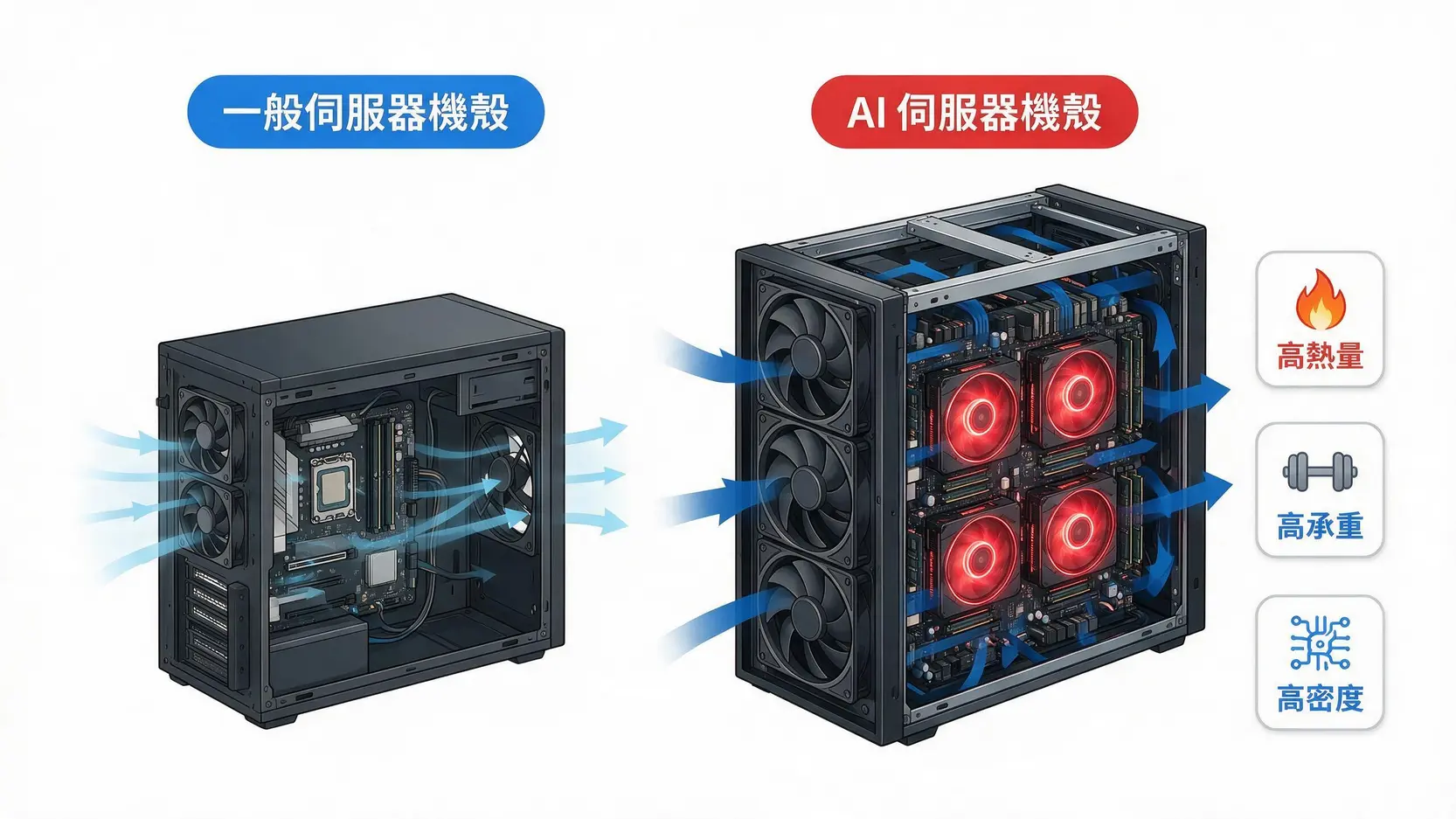 勤誠(8210)做什麼的?AI浪潮下的隱形冠軍!一文看懂伺服器機殼的重要性 3 AI伺服器機殼與一般伺服器機殼的內部結構對比圖,突顯AI機殼在散熱、承重和佈線上的嚴苛要求。