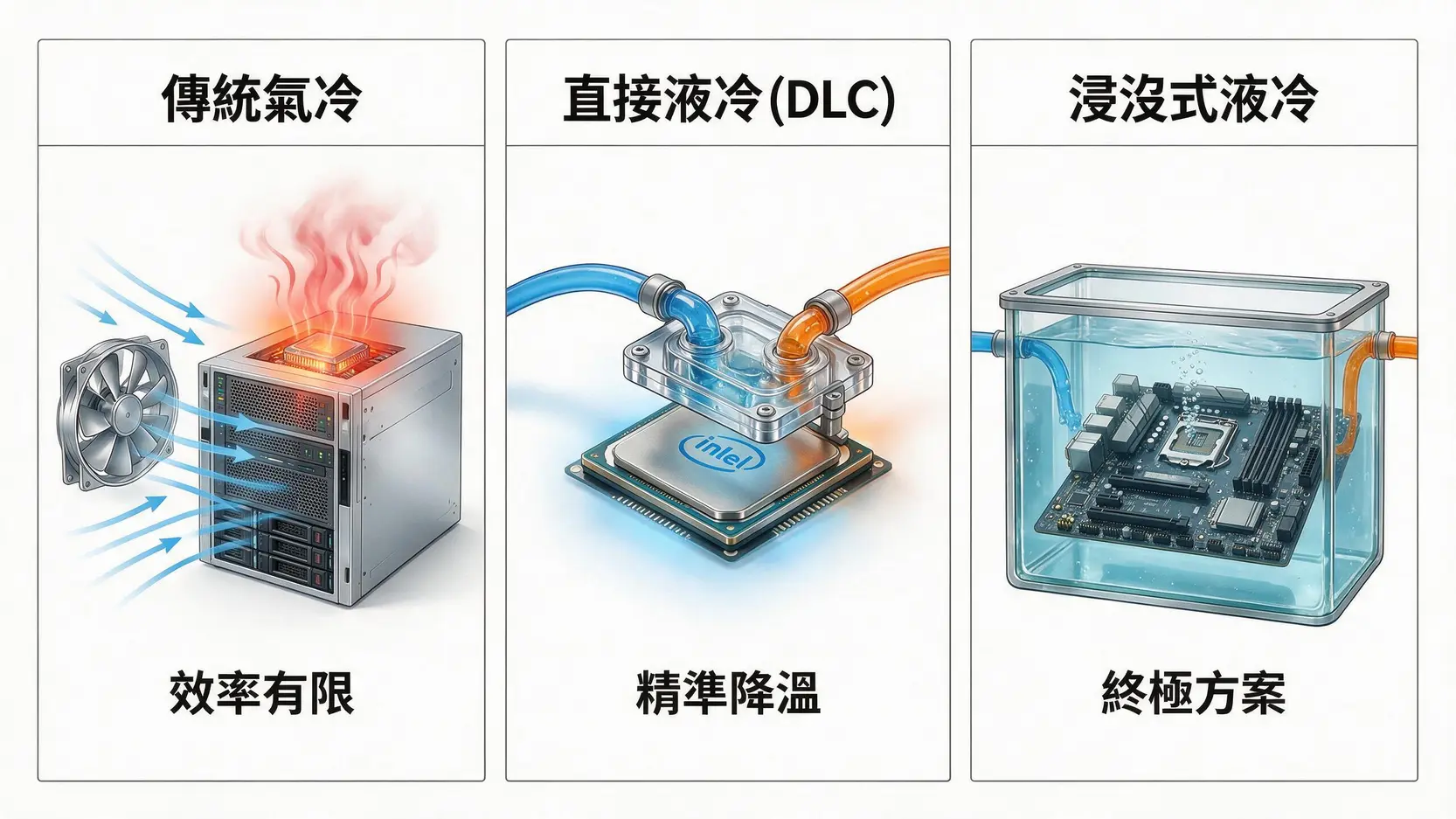 AI時代的點石成金術:為何「先進封裝」與「液冷散熱」是下個護國群山? 3 三種伺服器散熱技術對比圖:傳統氣冷、直接液冷(DLC)以及將伺服器完全浸泡的浸沒式液冷,展示散熱效率的演進。