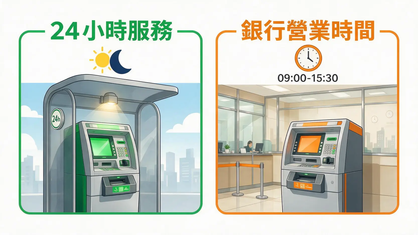 存零錢ATM全攻略:2026全台零錢存款機據點地圖(國泰/中信/台新) 2 零錢存款機服務時間對比圖,顯示位於戶外的機台為24小時服務,而位於銀行內的機台僅限營業時間使用。
