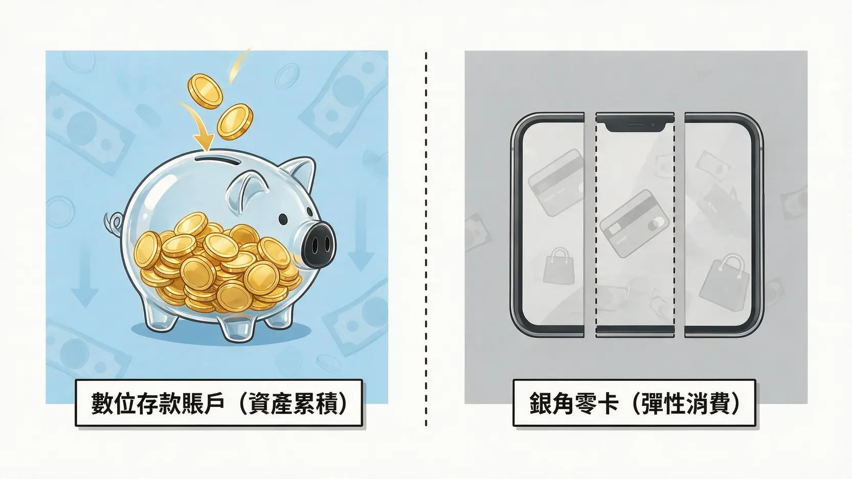 儲蓄vs.消費:第三類數位帳戶和銀角零卡優缺點、風險、適用族群大解析 2 數位存款帳戶與銀角零卡的核心功能對比圖,左側顯示錢幣存入錢罌代表儲蓄,右側顯示商品被分割代表消費分期。
