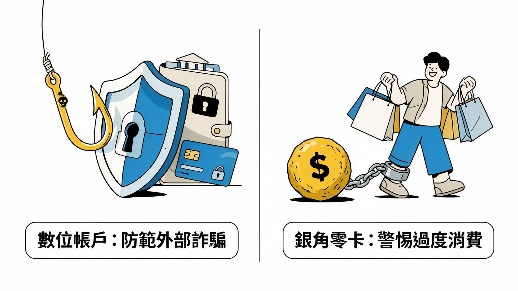 儲蓄vs.消費:第三類數位帳戶和銀角零卡優缺點、風險、適用族群大解析 3 數位帳戶與銀角零卡的風險比較圖,說明數位帳戶需防範外部詐騙,而銀角零卡需警惕因過度消費導致的債務陷阱。