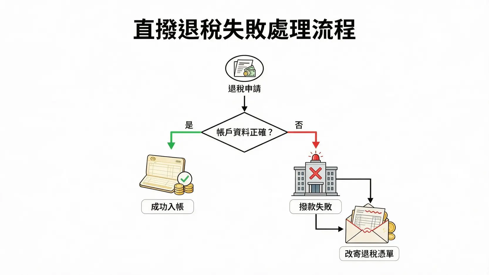 退稅時間已到卻沒收到錢?5大常見原因與解決方法一次看 3 一張流程圖顯示,若退稅帳戶資料正確,稅款將成功入帳;若資料錯誤,撥款會失敗,國稅局將改為郵寄退稅憑單。