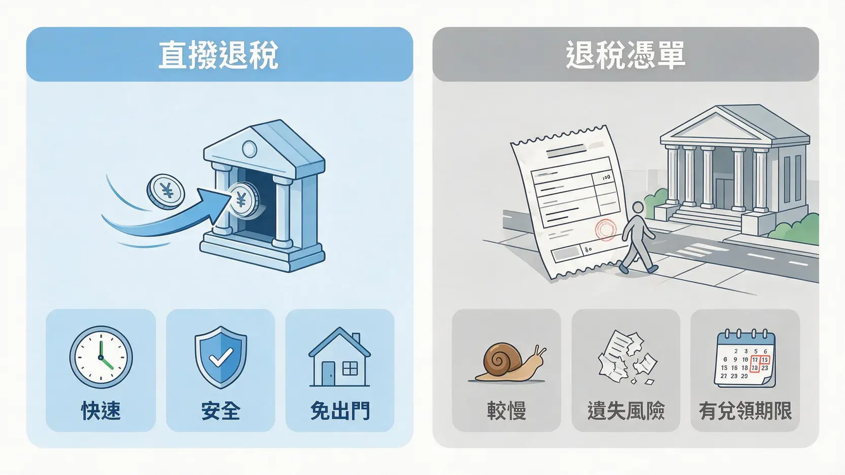 2026退稅時間公布!三批入帳日期懶人包,你的退稅款哪天到? 3 一張圖比較直撥退稅與退稅憑單的差異。直撥退稅快速、安全、免出門;退稅憑單則較慢、有遺失風險且有兌領期限。