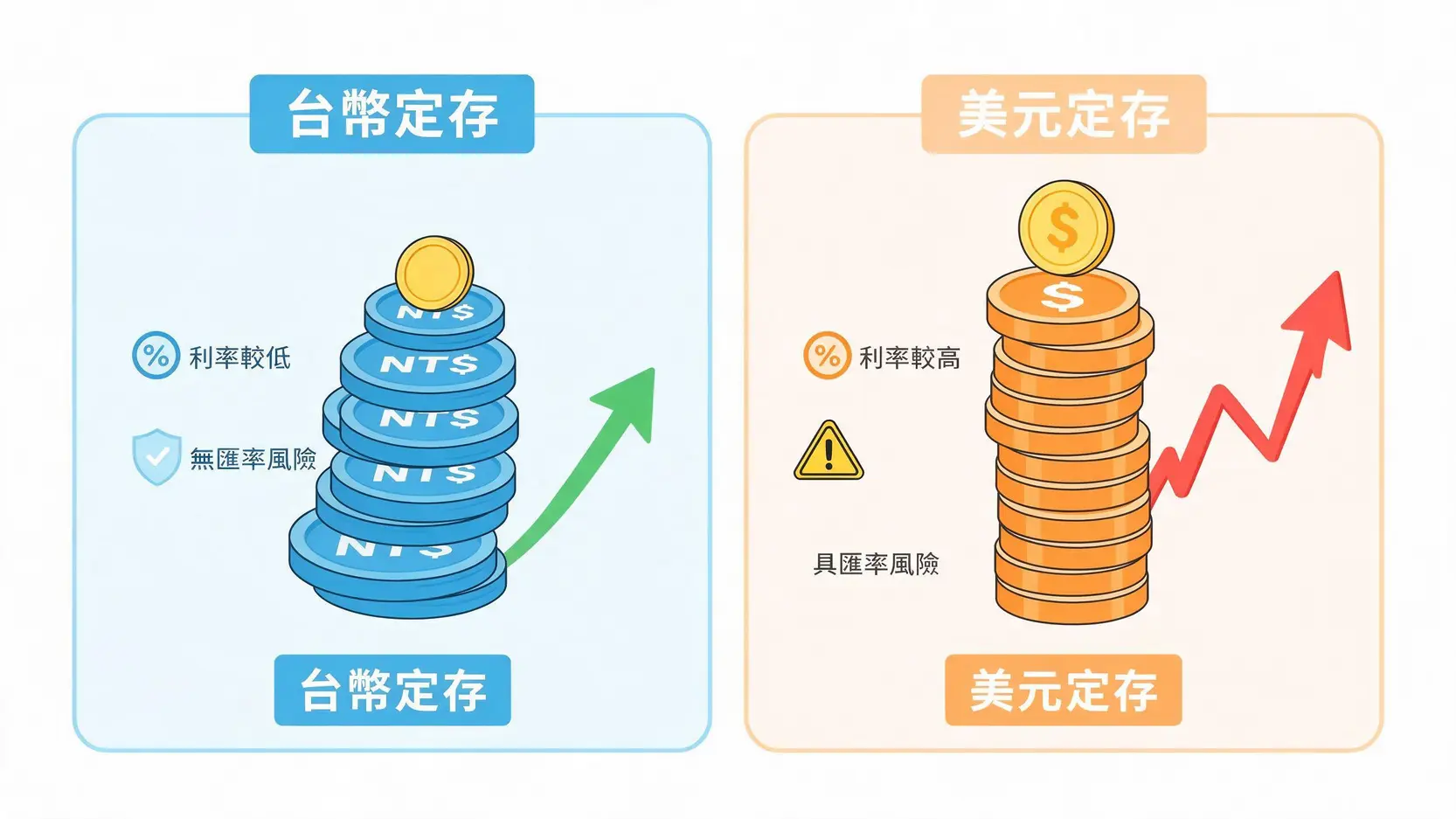 【定存利率哪家高?】2026全台30+銀行台幣/美元定存利率完整比較,這樣存利息最高 2 台幣定存與美元定存的風險與收益對比圖,顯示美元定存利率雖高但有匯率風險,而台幣定存利率較低但穩定。