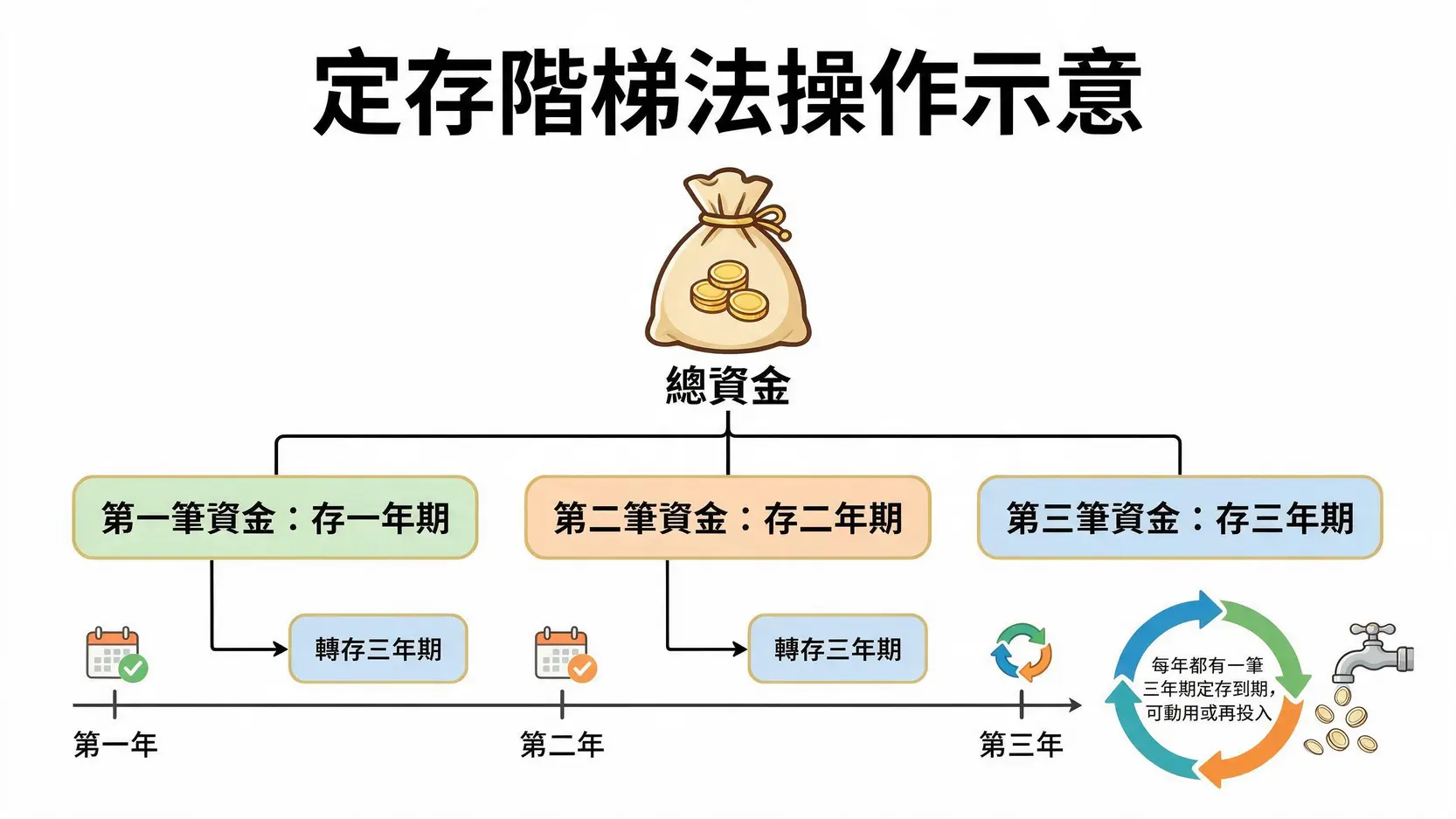 【定存利率哪家高?】2026全台30+銀行台幣/美元定存利率完整比較,這樣存利息最高 3 定存階梯法操作流程圖,展示如何將資金分成三份存入一、二、三年期定存,並在到期後轉存為三年期,以創造年度現金流。