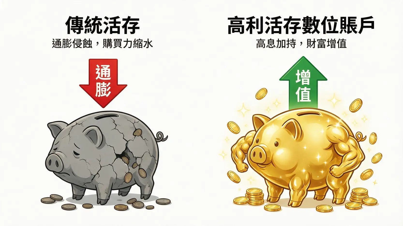 【2026活存利率最高】15+銀行數位帳戶高利活存比較 2 一張對比圖,左邊是因通膨而縮水的傳統活存小豬撲滿,右邊是因高利率而增值的高利活存數位帳戶小豬撲滿。