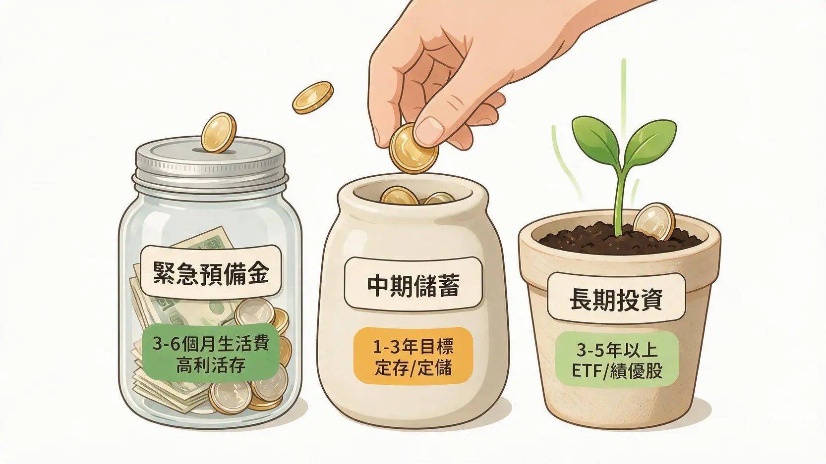 活存定存差別在哪?2026新手儲蓄入門指南搞懂4種存款 3 資金三分法配置示意圖,將錢分為緊急預備金、中期儲蓄與長期投資三個部分。