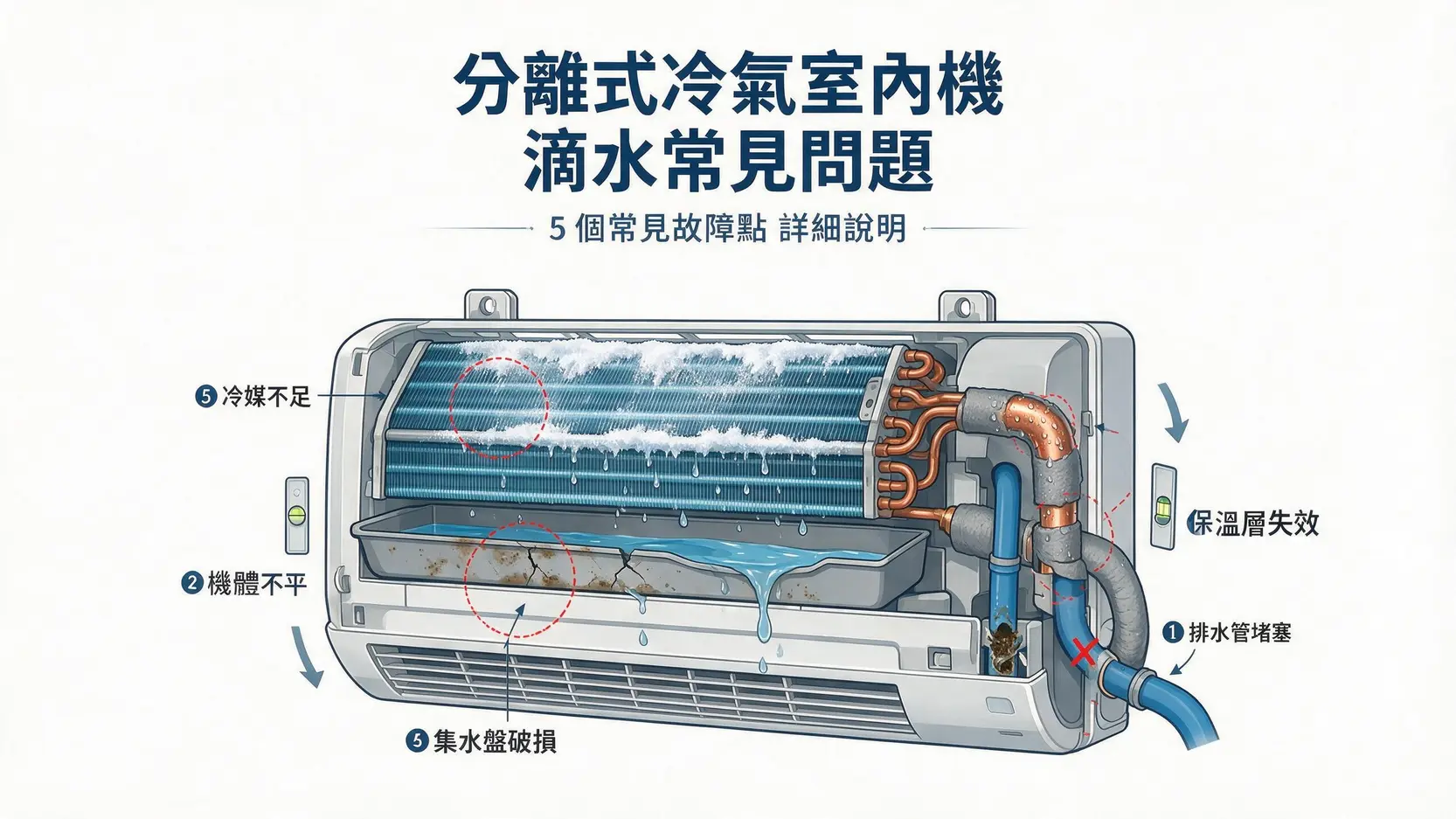 冷氣滴水怎麼辦?5大原因與DIY維修教學,跟罰款說掰掰! 2 一張圖解釋冷氣室內機滴水的五大常見原因,包含排水管堵塞、機體不平、集水盤問題、保溫層老化及冷媒不足。