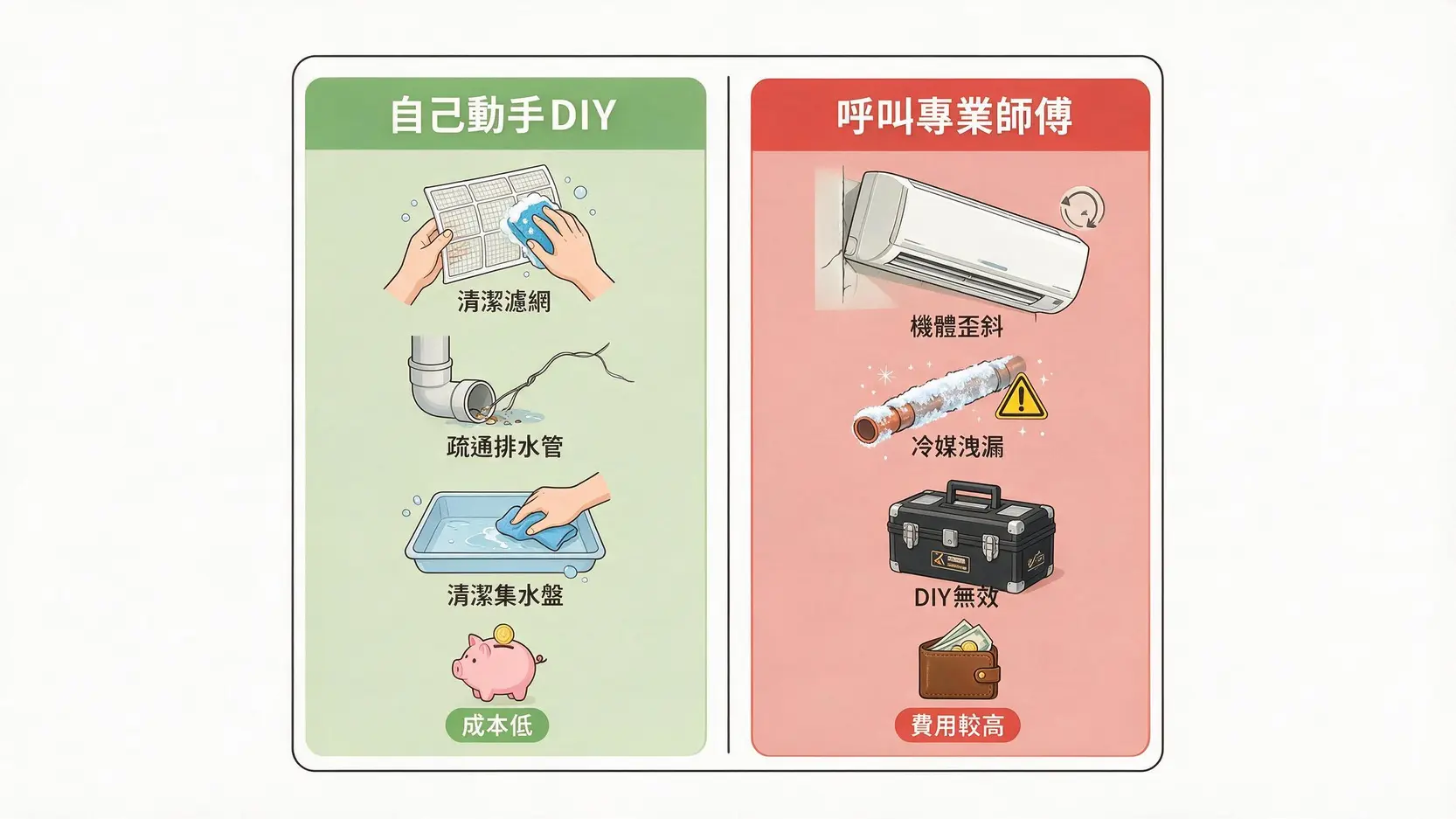 冷氣滴水修理要花多少錢?2026維修費用與DIY省錢攻略 3 一張對比圖,左邊顯示可自行處理的冷氣滴水情況如清潔濾網,右邊顯示需請專業師傅處理的情況如冷媒洩漏。