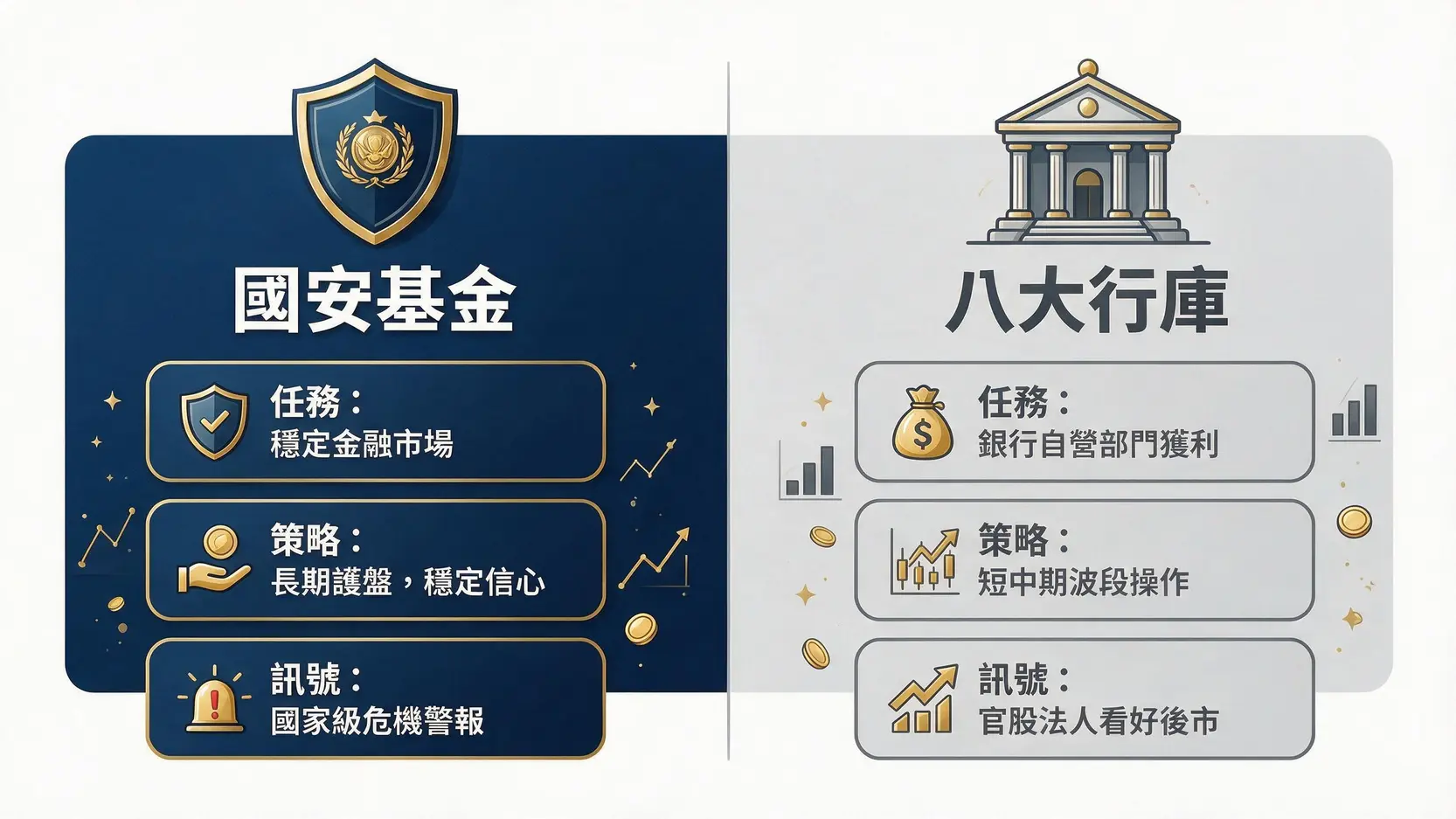 國安基金是什麼?一篇搞懂資金來源、護盤條件與歷史戰績 3 國安基金與八大行庫的差異比較圖,從任務、策略、市場訊號三個維度進行對比。