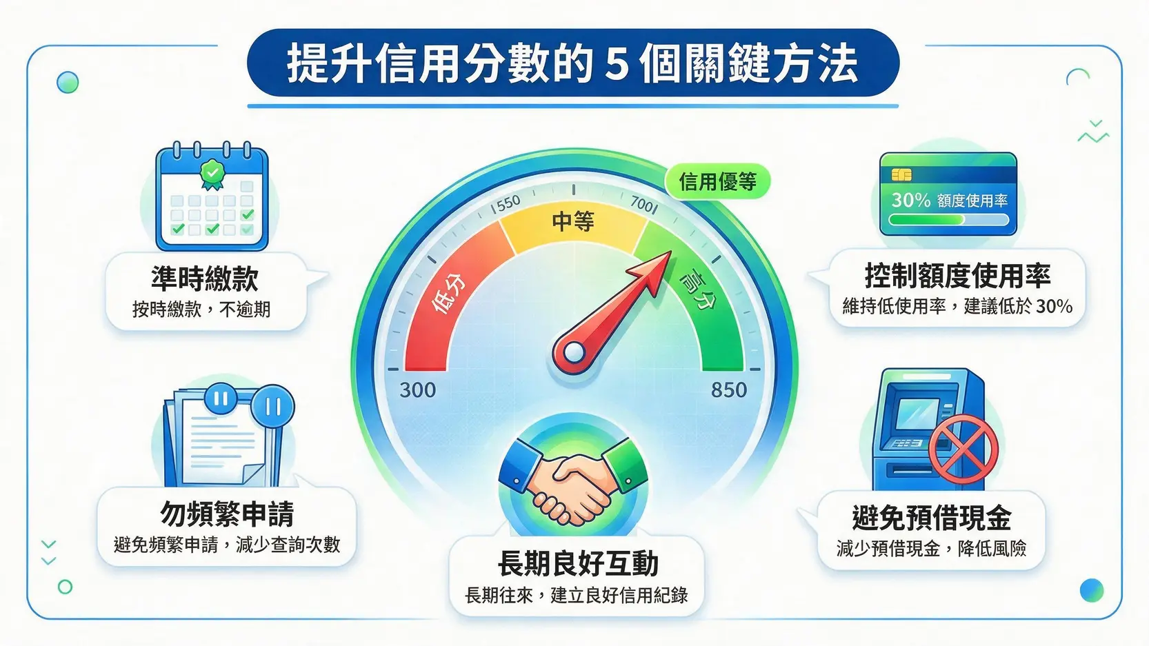 信用卡回饋最大化攻略:5招達人技巧,消費繳費都能賺! 3 一張提升信用分數方法的資訊圖表,包含準時繳款、控制額度、避免預借現金、勿頻繁申請和長期互動五個要點。