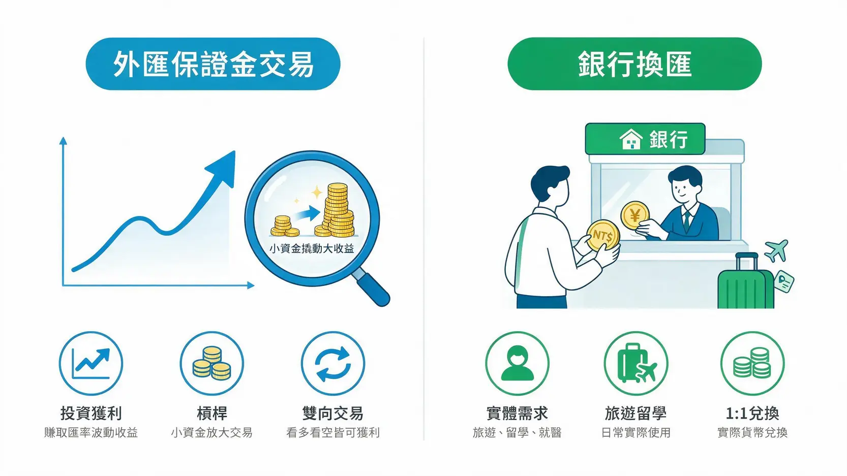 外匯賬戶有哪些?2026外匯保證金開戶教學與安全平台選擇指南 2 外匯保證金交易與銀行換匯的差異對比圖,左側為代表投資槓桿的圖表,右側為代表旅遊實體換匯的銀行櫃檯。