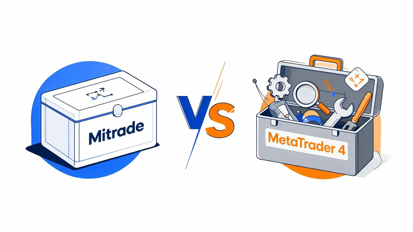 Mitrade vs. MT4終極對決:功能、費用、自動交易全方位比較 2 Mitrade與MetaTrader 4核心定位對比圖,左側為代表一體化產品的Mitrade盒子,右側為代表開放工具箱的MT4。