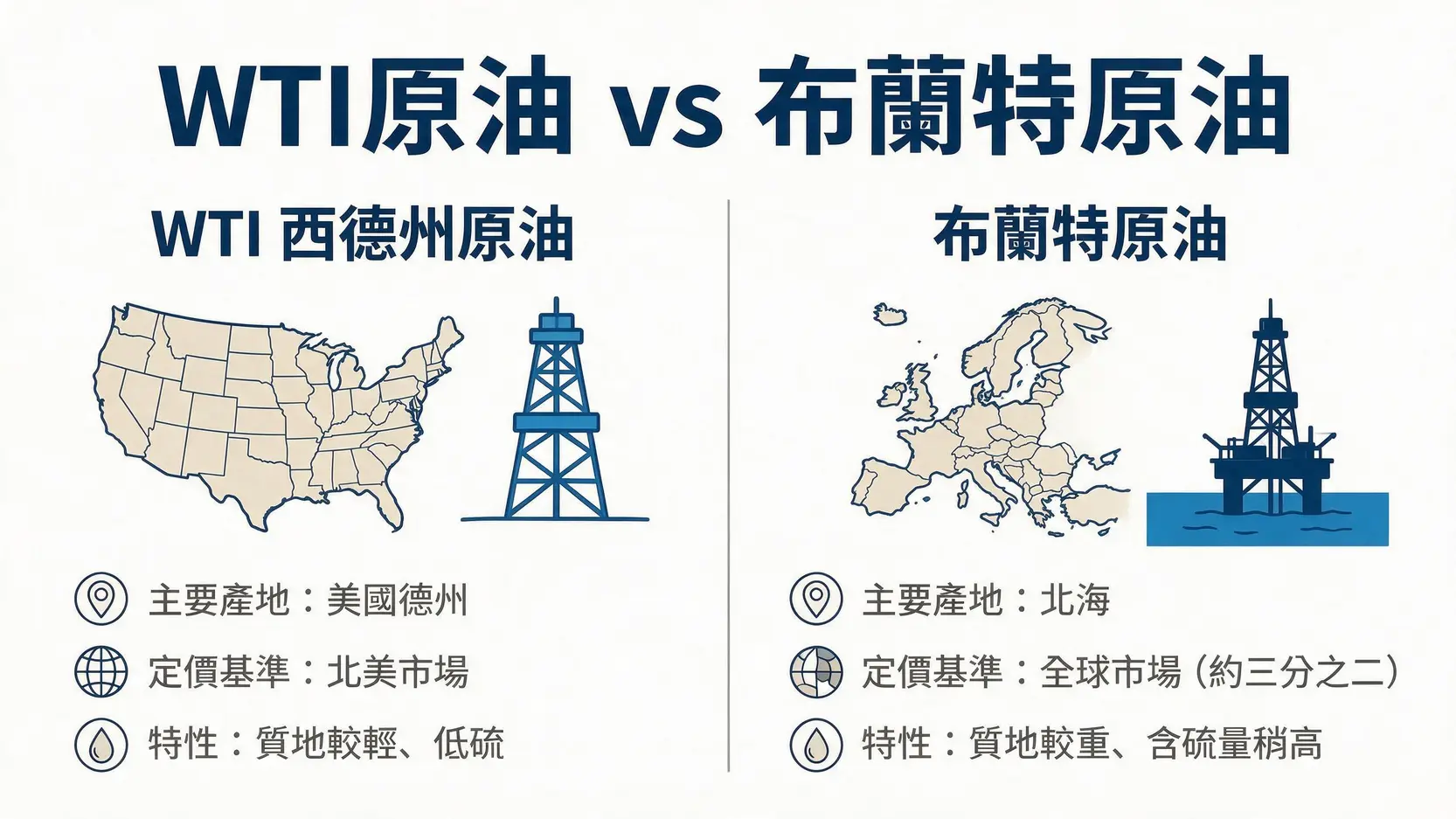【Mitrade原油交易】三步驟買賣WTI/布蘭特期貨,2026教學一看就懂 2 一張對比圖,清楚展示WTI西德州原油與布蘭特原油在產地、定價基準和特性上的主要區別。
