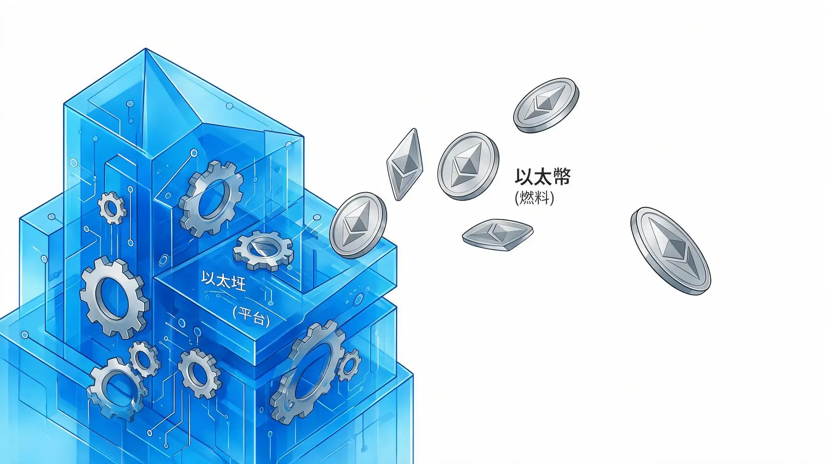 以太幣怎麼玩?2026新手購買教學|從0到1完整指南(開戶、交易、策略) 2 以太坊平台與以太幣的關係示意圖,圖中以太坊是一個基礎平台,而以太幣是其上的燃料。