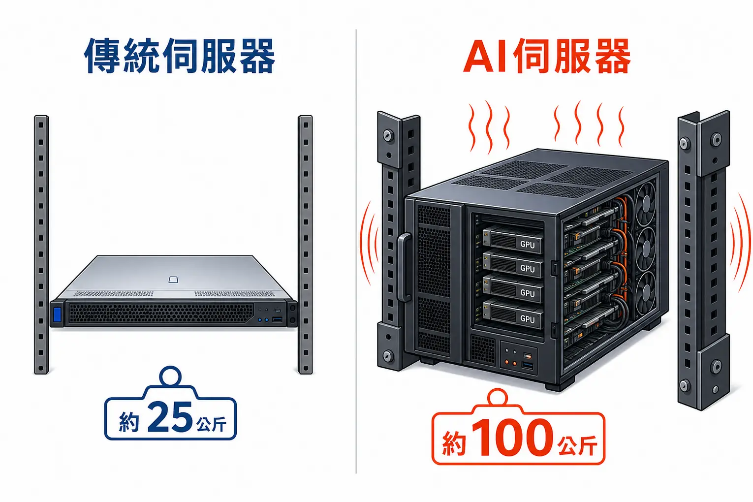 川湖(2059)做什麼的?靠「兩根鐵」稱霸AI伺服器市場的秘密 3 對比圖顯示AI伺服器比傳統伺服器重得多且散熱需求更高,因此需要更堅固的川湖導軌。