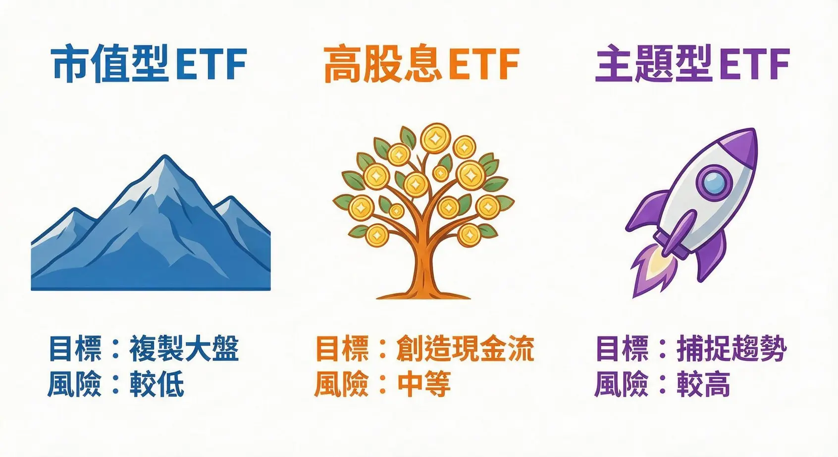 【2026台股ETF推薦】高股息、市值型、主題式10檔Taiwan ETF總整理! 3 市值型、高股息、主題型三種ETF的比較圖,分別展示了它們的投資目標與風險等級。