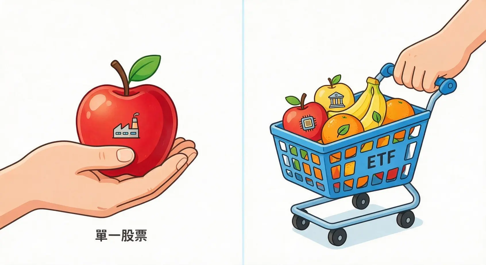 【股市ETF入門全攻略】ETF是什麼?一篇搞懂優缺點、種類與3大投資策略 (2026最新) 2 ETF與單一股票的差別示意圖,ETF就像一個裝滿不同公司股票的購物籃,而投資個股則是只買一家公司。