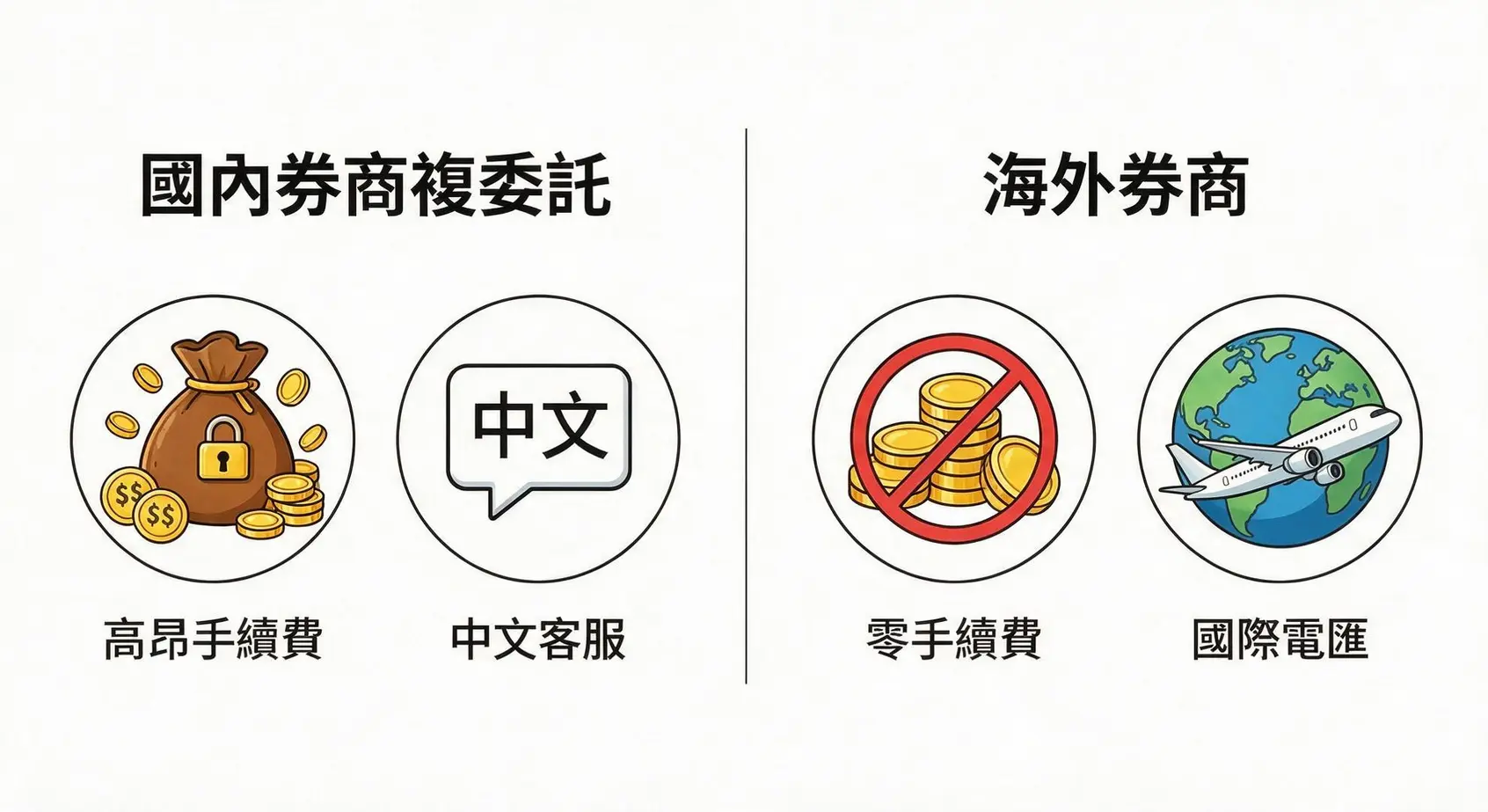 【美國大盤ETF購買教學】台灣人如何投資美股?複委託、海外券商2大管道完整圖解 3 國內券商複委託與海外券商優缺點對比圖,比較手續費、服務與資金流程。