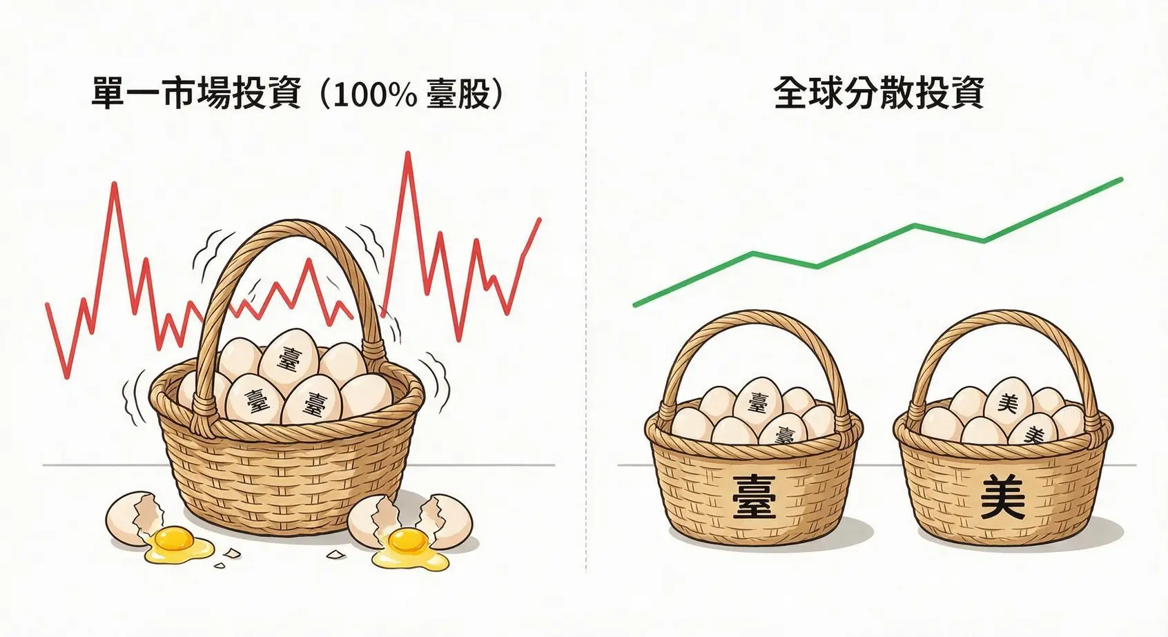 美國大盤ETF+Taiwan ETF終極配置:VOO+0050打造全球投資組合 2 全球分散投資與單一市場投資的風險對比圖,顯示分散投資能降低波動性。