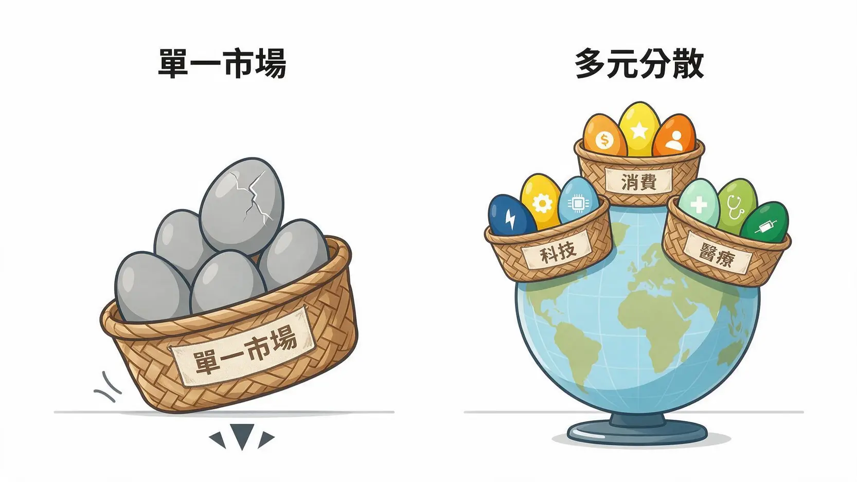 環球股票基金怎麼選?專家教你5大指標與主被動差別,避開高收費陷阱 2 環球股票基金的風險分散示意圖,對比投資單一市場與投資全球市場的穩定性。