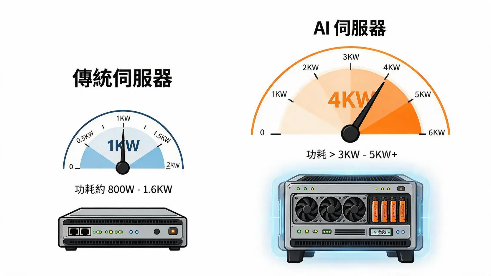 群電(6412)做什麼?電源供應器大廠如何搭上AI順風車?一篇看懂! 3 一張對比圖,顯示AI伺服器的功耗(超過3KW)遠高於傳統伺服器(約1KW)。