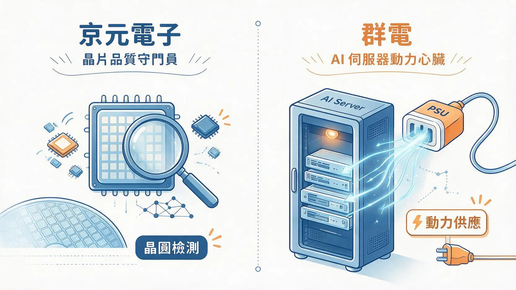 【AI概念股對決】京元電子(2449) vs. 群電(6412),選誰更有潛力? 2 京元電子與群電在AI供應鏈中的角色對比圖,京元電子是晶片品質檢測,群電是AI伺服器電源供應。