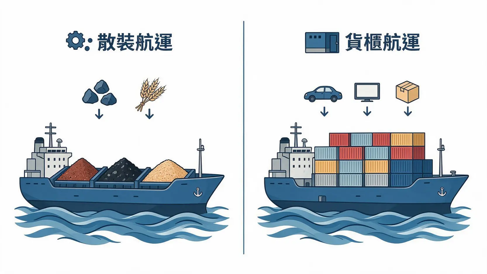 益航(2601)做什麼的?不只是航運!一次看懂其多元業務與未來挑戰 2 一張對比圖,左邊是散裝貨輪運輸鐵礦砂和穀物,右邊是貨櫃船運輸汽車和電子產品,以區分兩種航運模式。